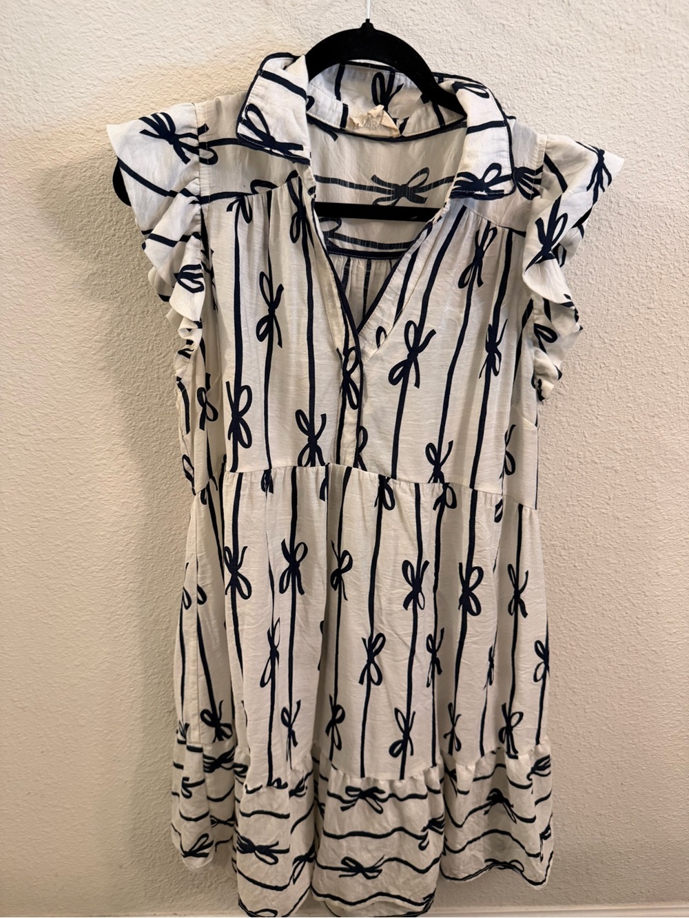 Umgee White Dress with Navy Bow & Stripe Print
